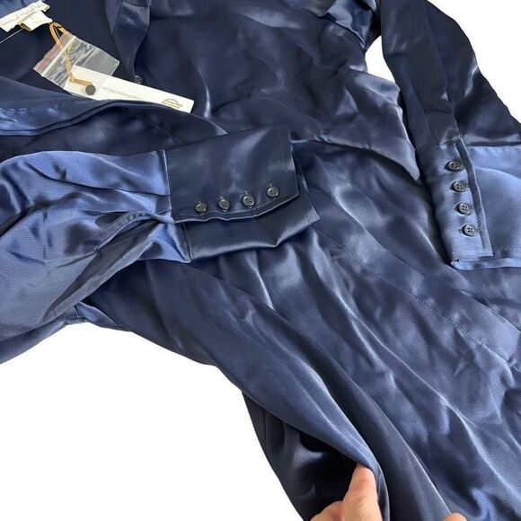 HOUSE OF HARLOW 1960 Women Long Sleeve Button Up Tunic Blouse Small Navy Satin n - Picture 8 of 9